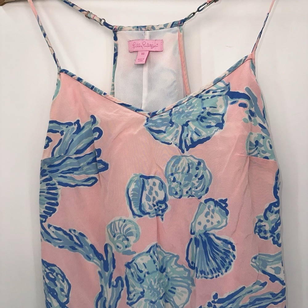 Lilly Pulitzer Dusk 100%‎ Silk Slip Dress Pink Blue Sea Shell XS Mini Lined